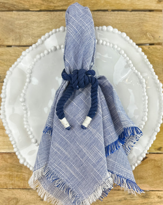 Load image into Gallery viewer, Set/4 Two Tone Fringe Napkin in Blue or Tan
