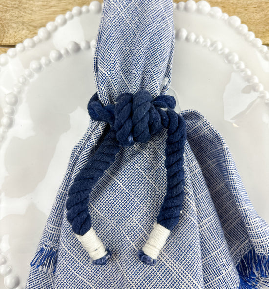 Load image into Gallery viewer, Knotted Rope Napkin Ring in Navy or Ivory
