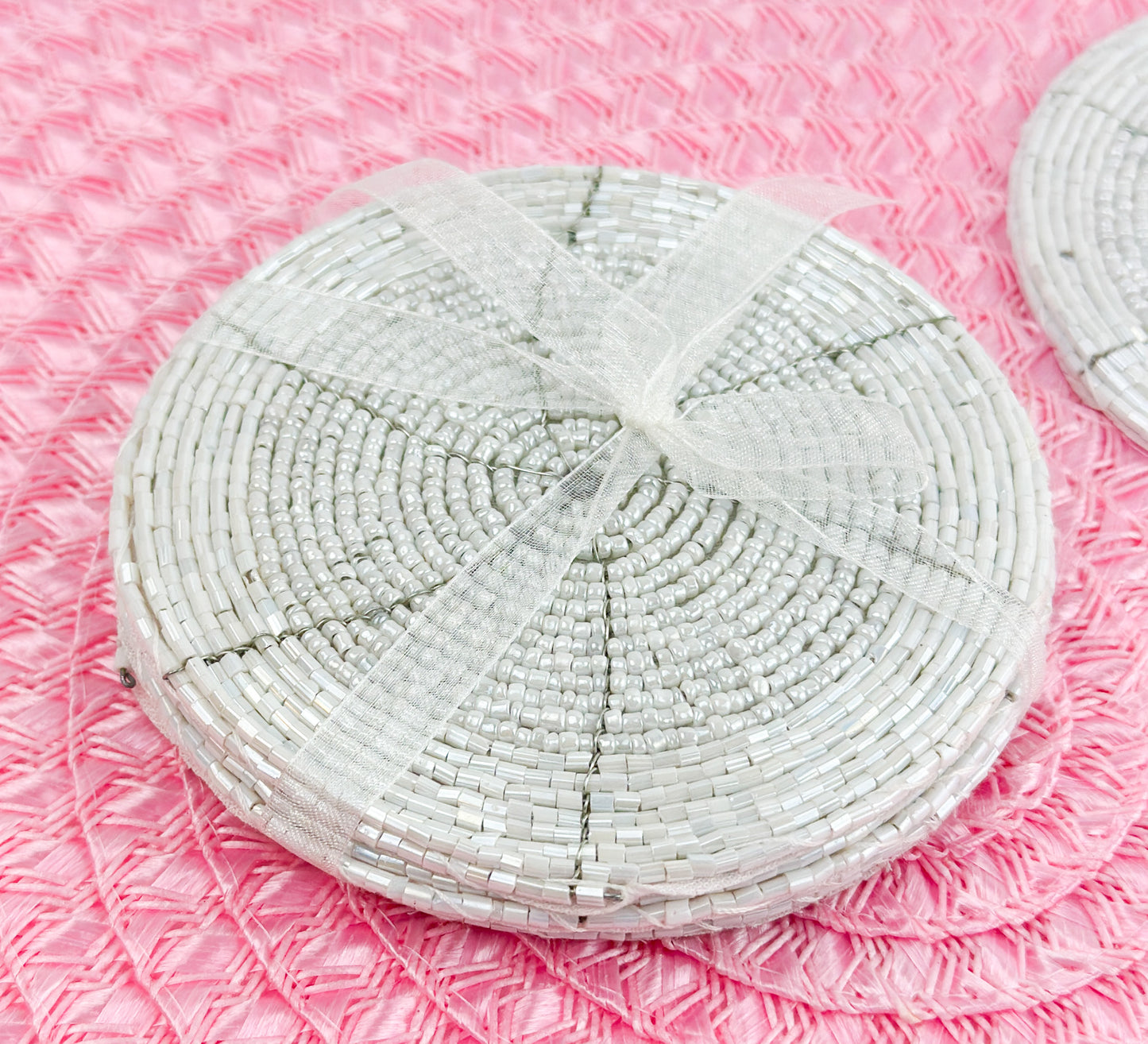 S/4 White Beaded Coasters
