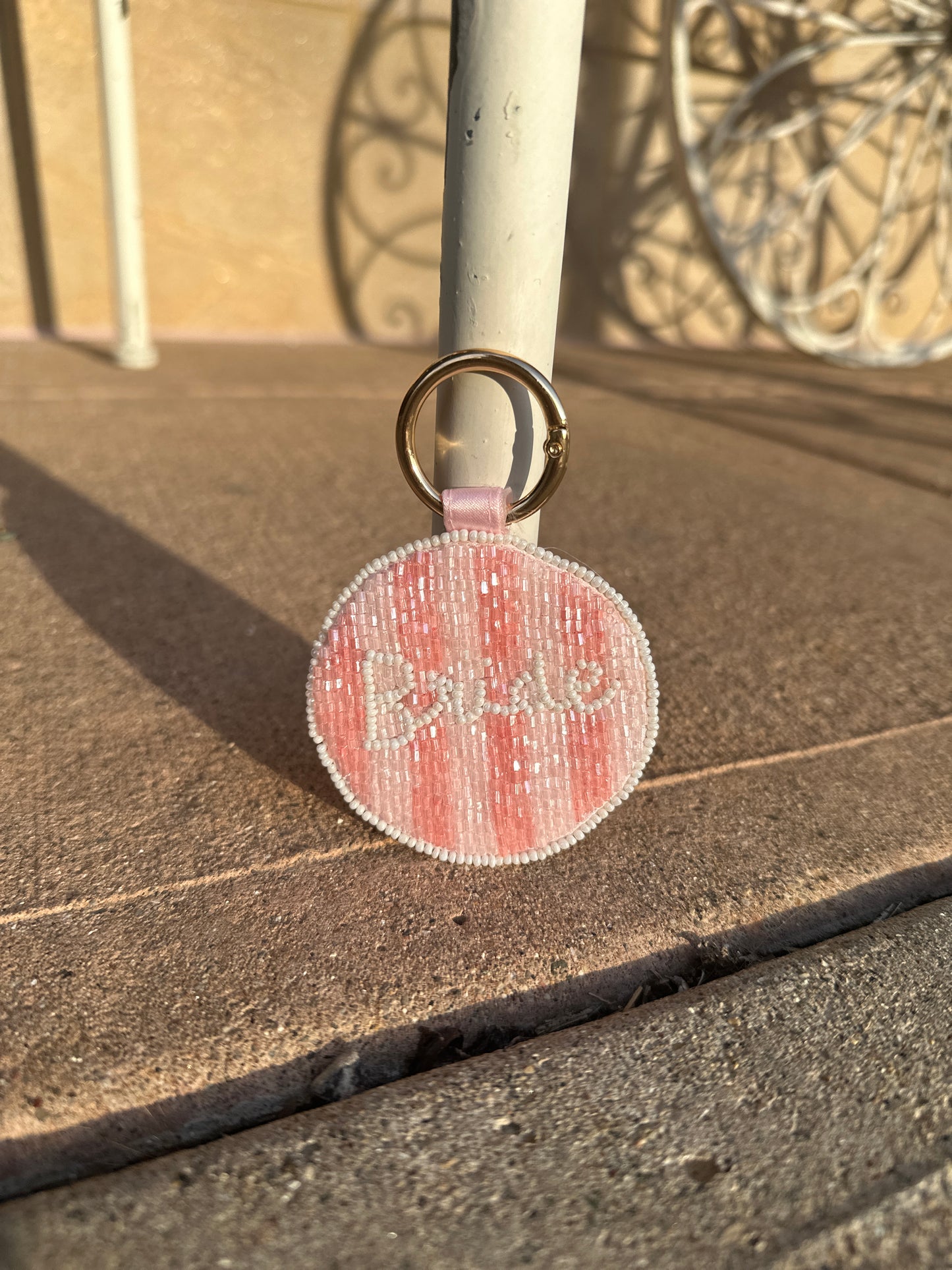 Pink Striped Beaded Bride Keychain