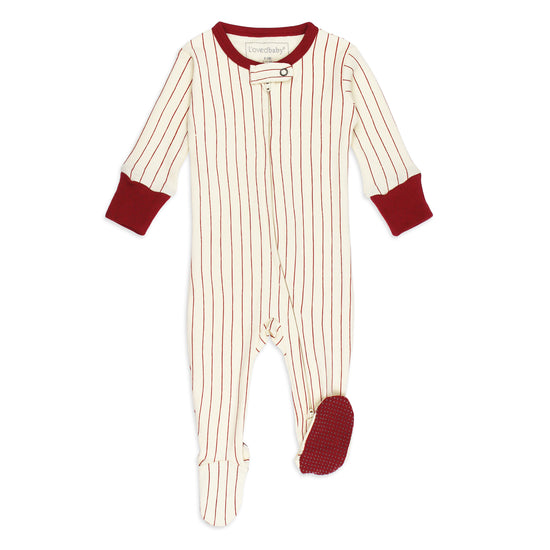 Organic Cuffed Zippered Footie in Crimson Stripe
