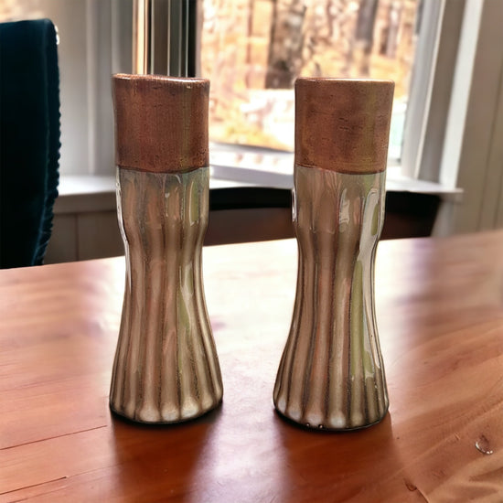 Set/2 Ceramic Brown/Taupe Candlestick Holders