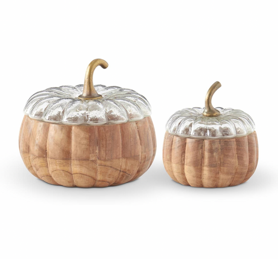 Acacia Wood Pumpkin Containers w/Glass Lid