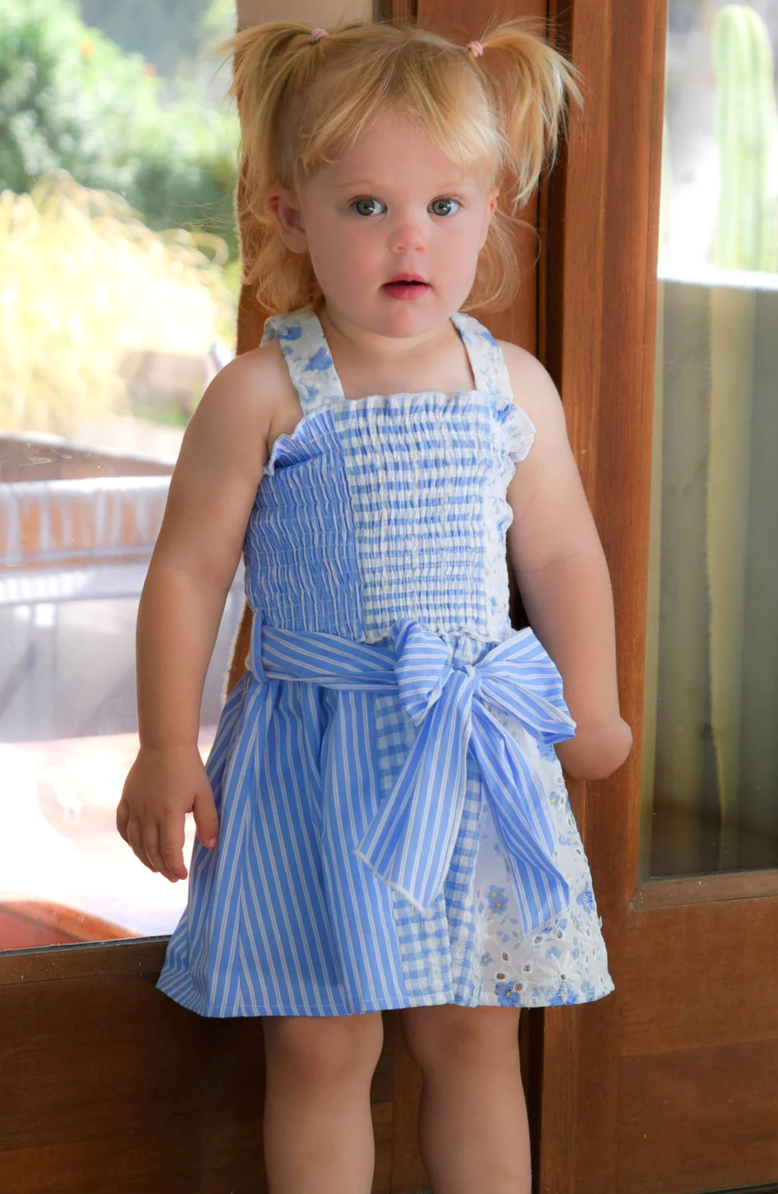 MIX MEDIA SMOCKED ROMPER W/ WAIST TIE
