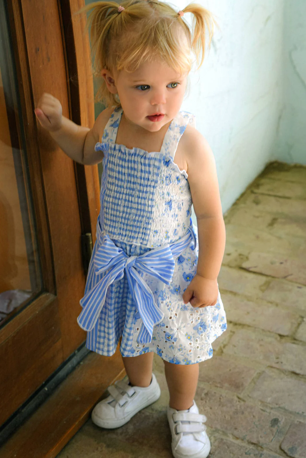 MIX MEDIA SMOCKED ROMPER W/ WAIST TIE