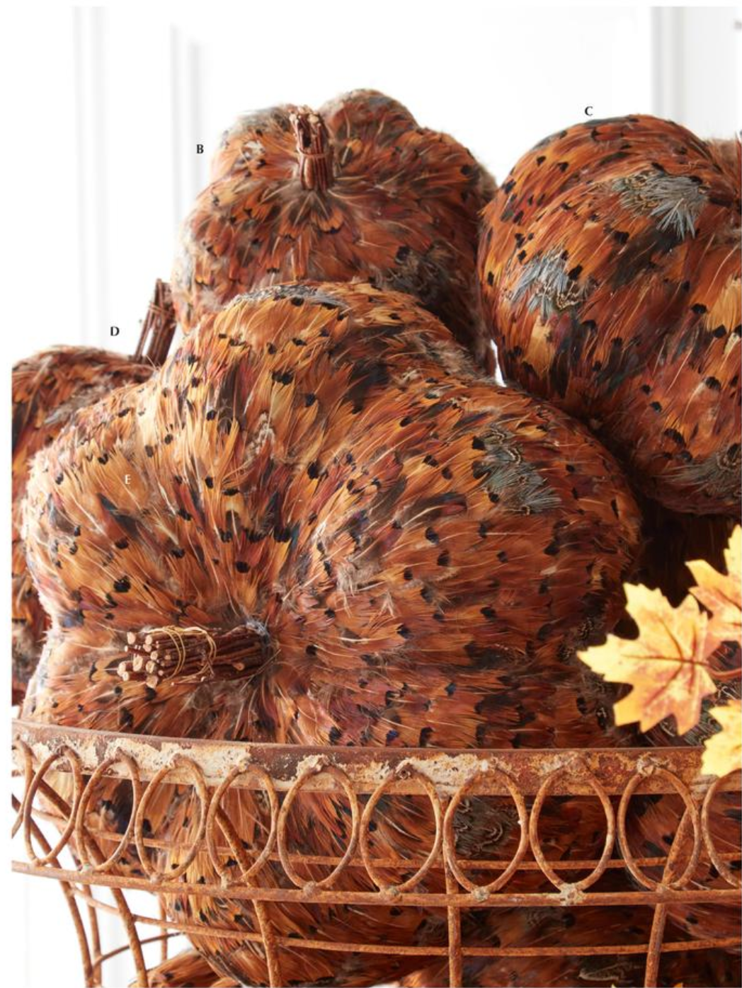 Orange & Brown Feather Pumpkins w/Twig Stems