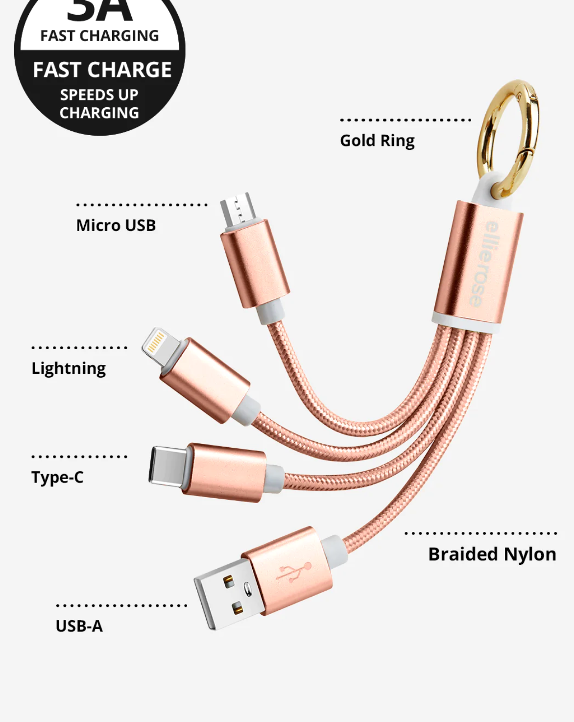 Rose Gold 3-in-1 Charging Cable Keychain