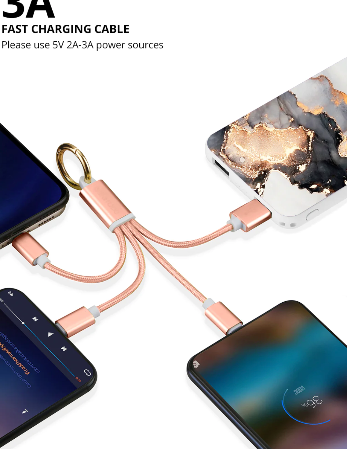 Rose Gold 3-in-1 Charging Cable Keychain