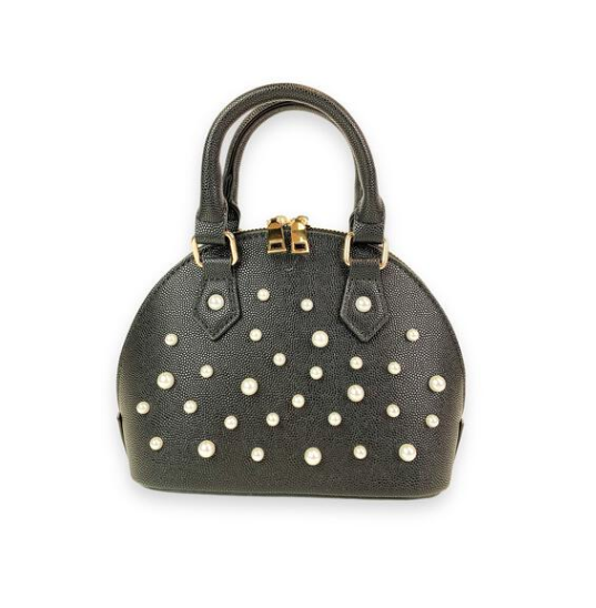 Pearl Studs Black Leather Satchel Bag