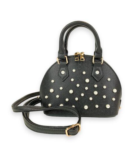 Pearl Studs Black Leather Satchel Bag