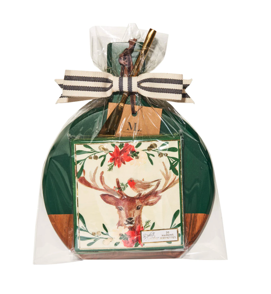 9.75x8" Green Acacia Bevel Board w/ Gold Spreader & Bow, Christmas Forest Cocktail Napkin