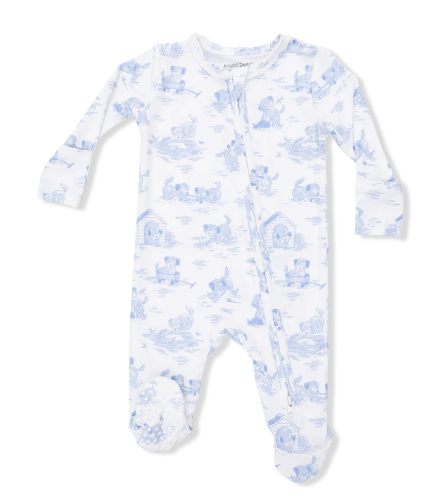 Puppy Toile Blue- 2 Way Zipper Footie