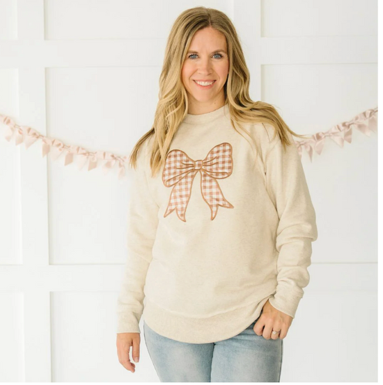 Gingham Bow Patch Women's Sweatshirt - Natural