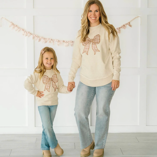 Gingham Bow Patch Women's Sweatshirt - Natural