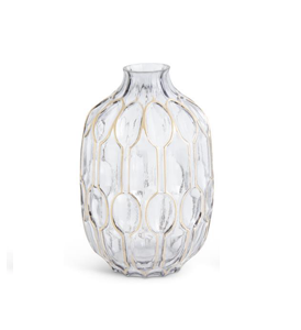 Short Blue Glass Gold Oval Embossed Vase