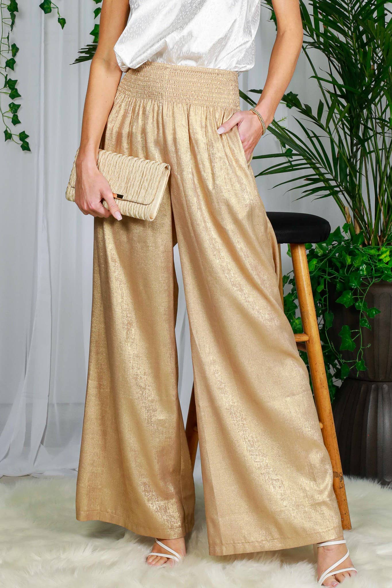 Elastic Smocked Waist Band With Pocket Foil Pants VP81443B: Black / S