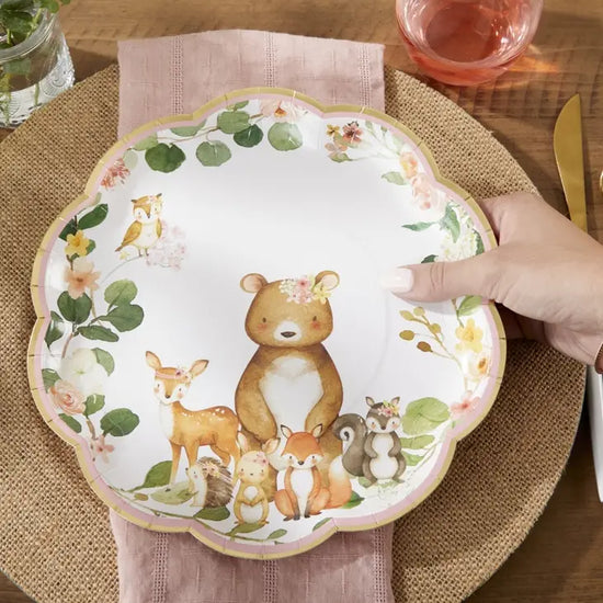 Load image into Gallery viewer, Critter Family Woodland Baby 9&amp;quot; Premium Paper Plates Pink (Set of 16)
