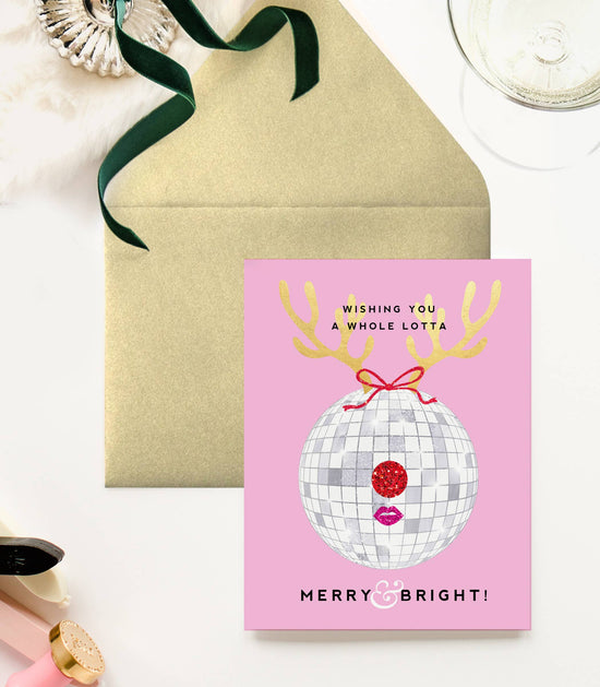 Load image into Gallery viewer, Merry &amp;amp; Bright Disco Ball Reindeer Christmas Greeting Card
