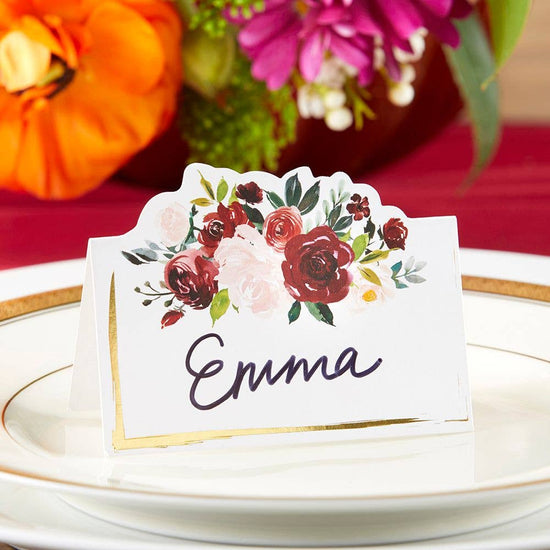 Burgundy Blush Floral Tent Place Card (Set of 50)