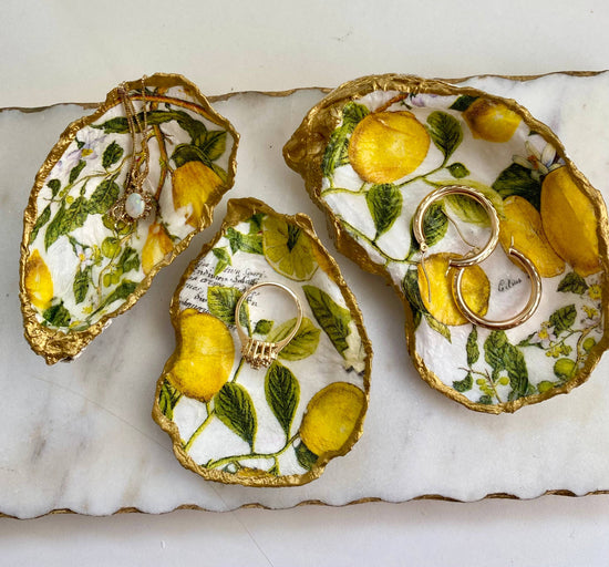 Load image into Gallery viewer, Small Lemon Print Oyster Shell Jewelry Dish
