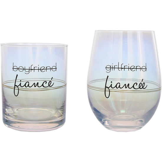 Load image into Gallery viewer, Set/2 Fiancé/Fiancée - 11 oz Rocks &amp;amp; 18 oz Stemless Wine Glass Set
