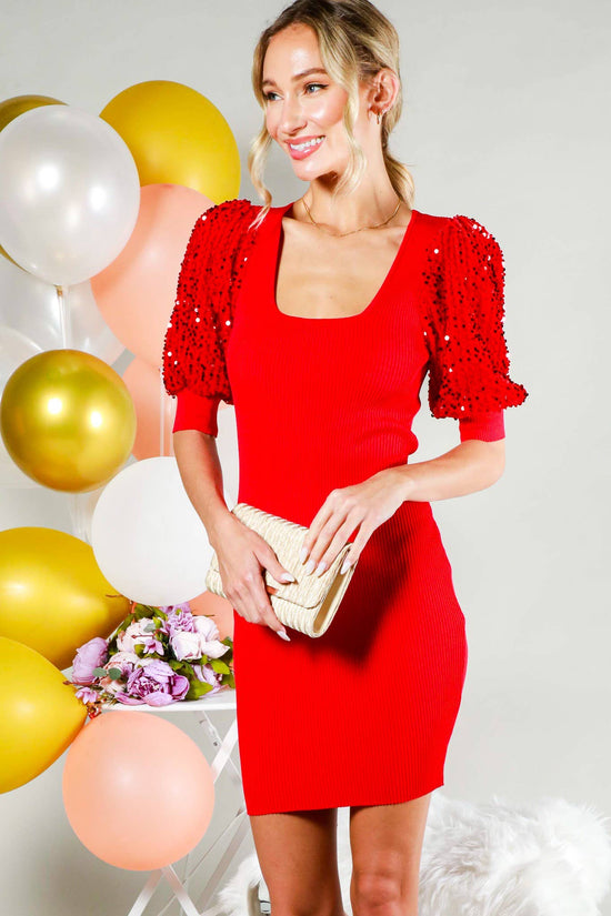 Load image into Gallery viewer, Sequin Detail Puff Sleeve Rib Knit Mini Dress

