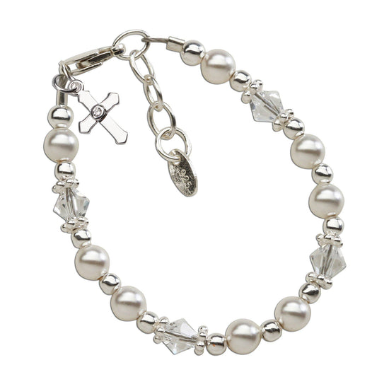 Load image into Gallery viewer, Silver Pearl Cross Bracelet or Baptism or Christening Gift
