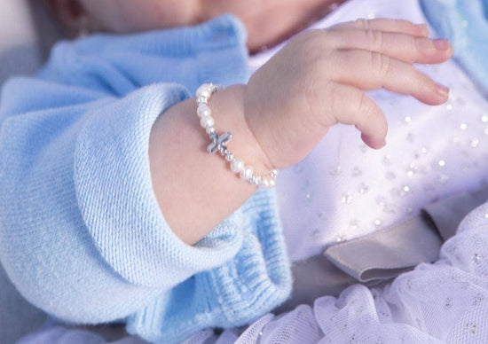 Load image into Gallery viewer, Girls Sterling Silver Pearl Cross Baby Bracelet Baptism Gift 0-12 months adjustable
