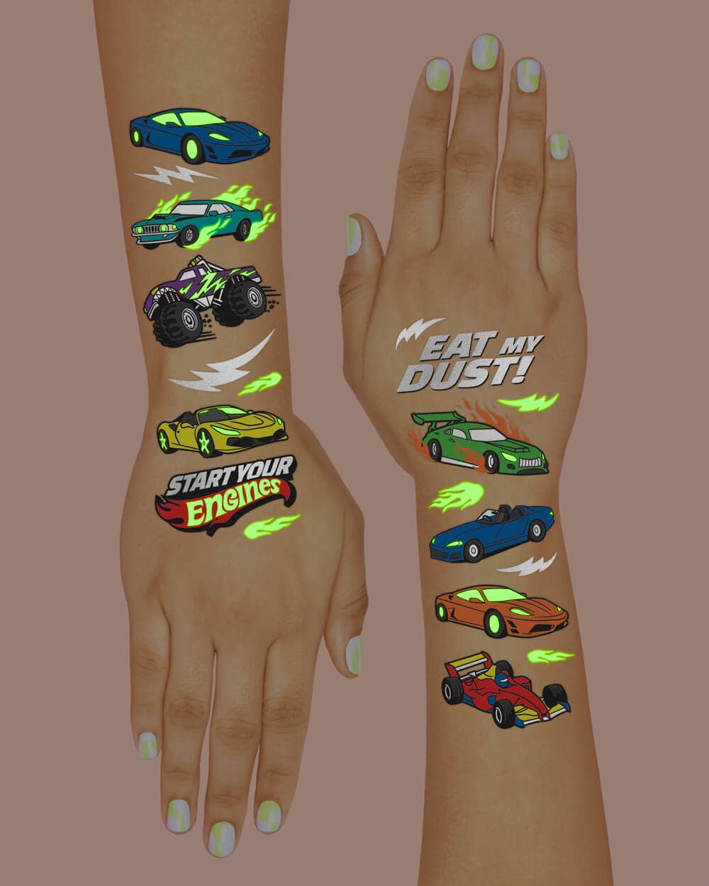 Racecar Glow In The Dark Kids Temporary Tattoos, Bday Favor