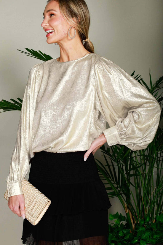 Load image into Gallery viewer, Long Balloon Sleeve Round Neck Metallic Woven Blouse
