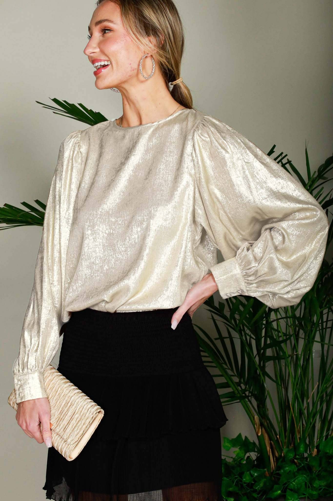 Long Balloon Sleeve Round Neck Metallic Woven BlouseVT31320D: Hunter Green / S