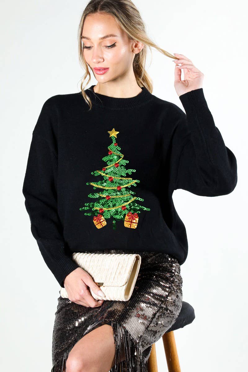 Christmas Tree Sequin Detail Knit Sweater Top