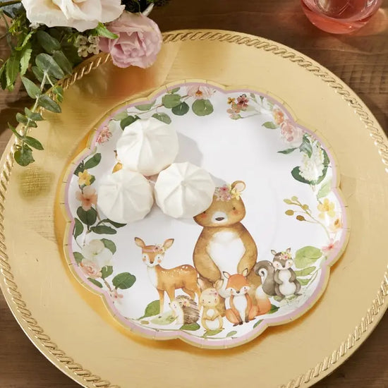 Load image into Gallery viewer, Critter Family Woodland Baby 9&amp;quot; Premium Paper Plates Pink (Set of 16)
