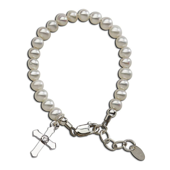 Load image into Gallery viewer, Sterling Silver Pearl Baby Girl Cross Bracelet Baptism Gift
