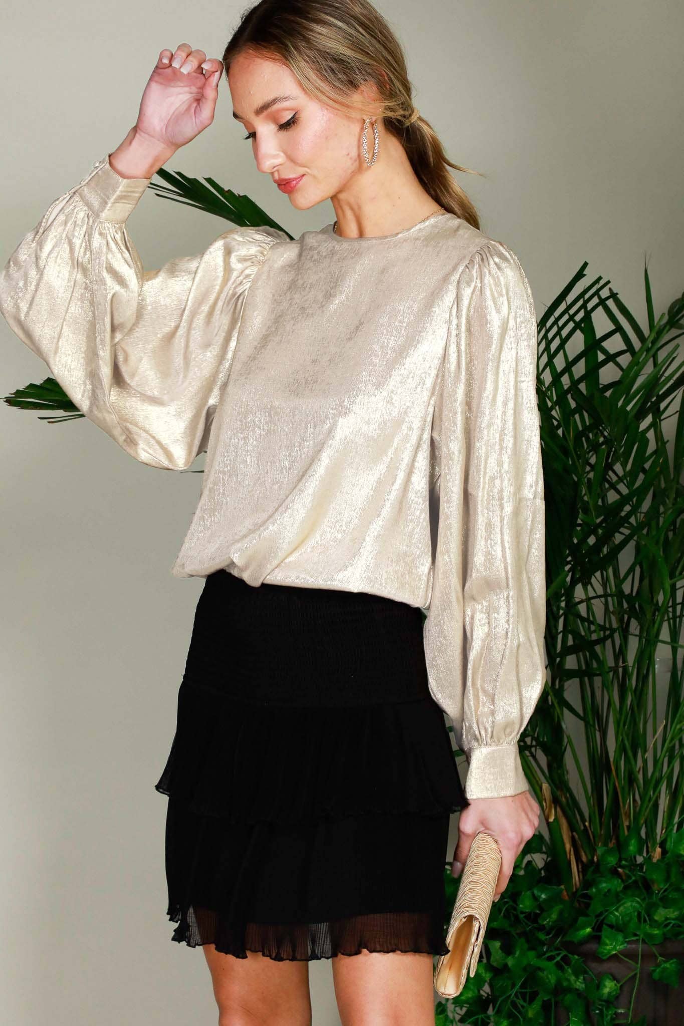 Long Balloon Sleeve Round Neck Metallic Woven BlouseVT31320D: Hunter Green / S
