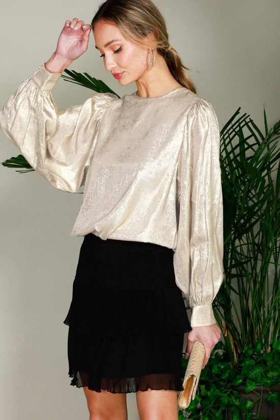 Load image into Gallery viewer, Long Balloon Sleeve Round Neck Metallic Woven Blouse
