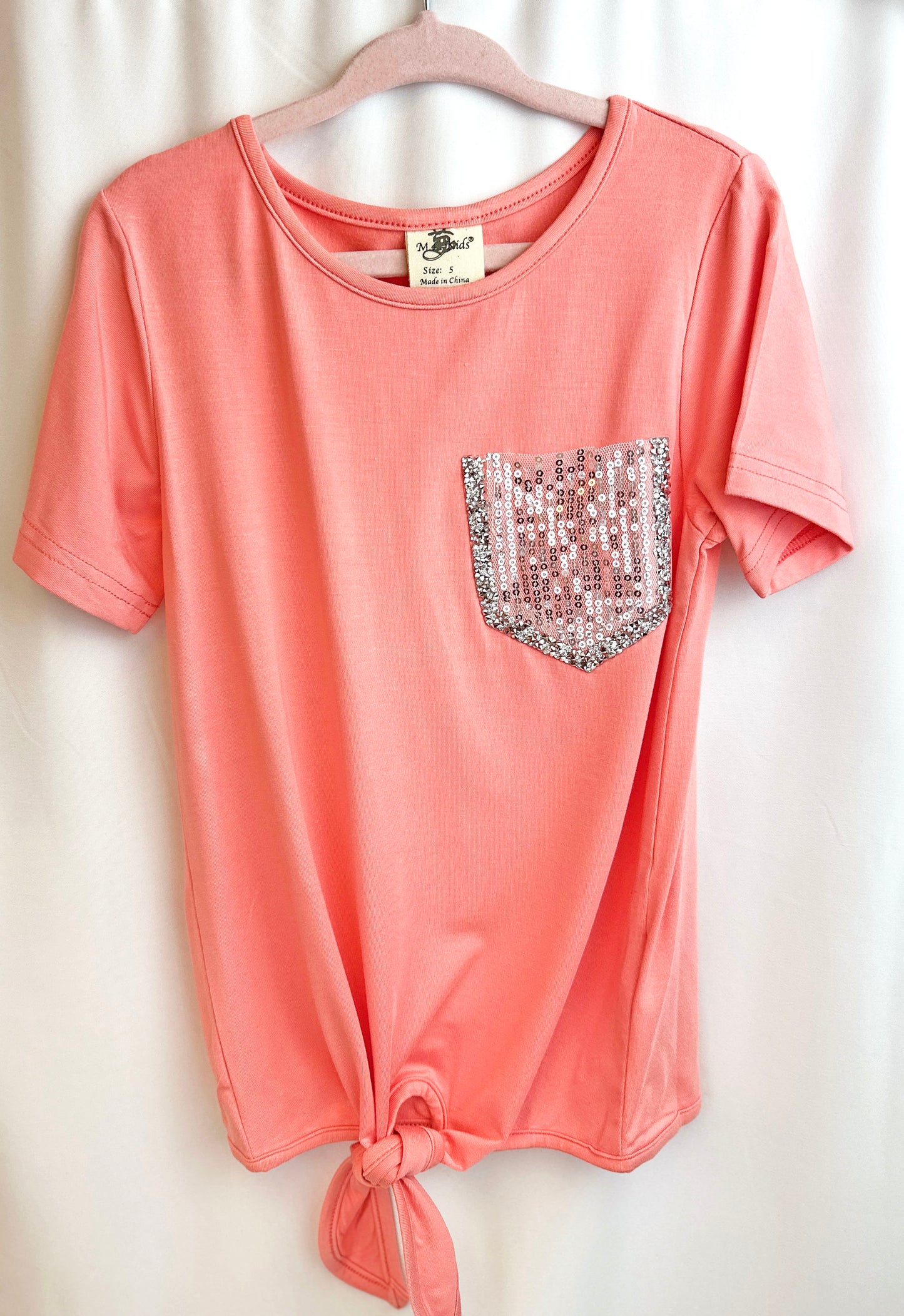 Coral Tie Front Embellished Pocket Top