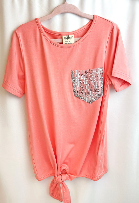 Coral Tie Front Embellished Pocket Top