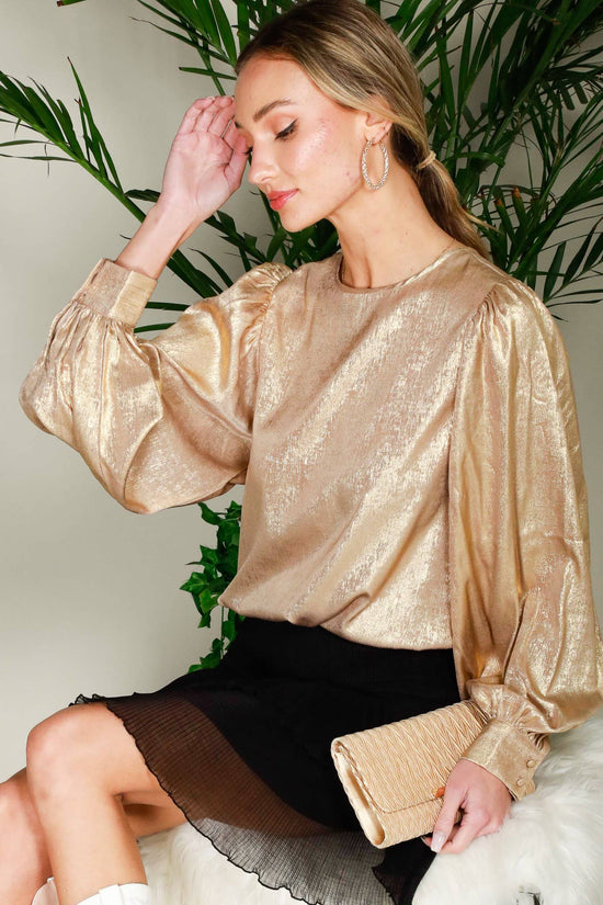 Load image into Gallery viewer, Long Balloon Sleeve Round Neck Metallic Woven Blouse
