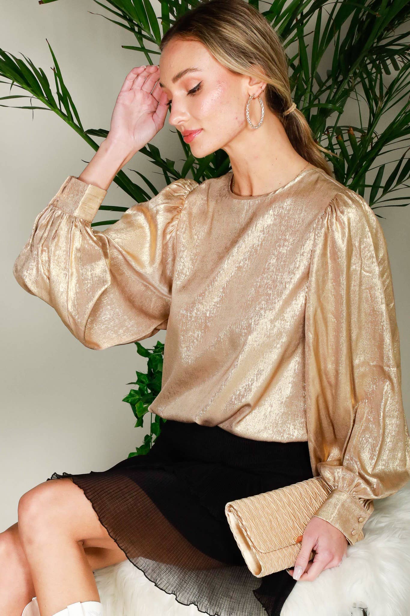 Long Balloon Sleeve Round Neck Metallic Woven BlouseVT31320D: Hunter Green / S