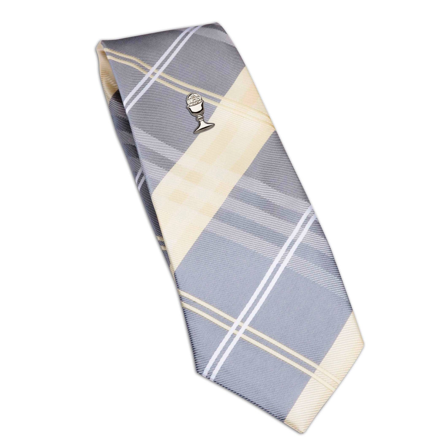 Yellow Plaid / Gold-tone Boy's First Communion Tie and Chalice Pin Set