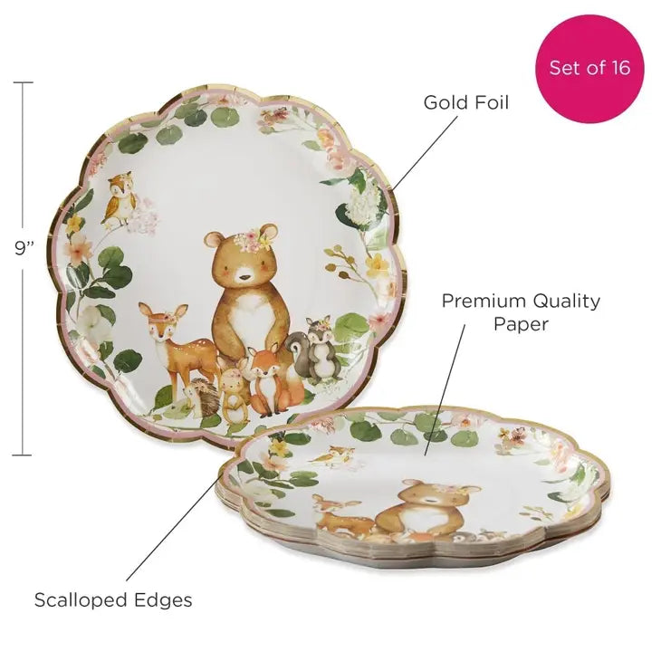 Critter Family Woodland Baby 9" Premium Paper Plates Pink (Set of 16)
