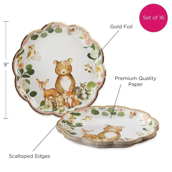 Load image into Gallery viewer, Critter Family Woodland Baby 9&amp;quot; Premium Paper Plates Pink (Set of 16)
