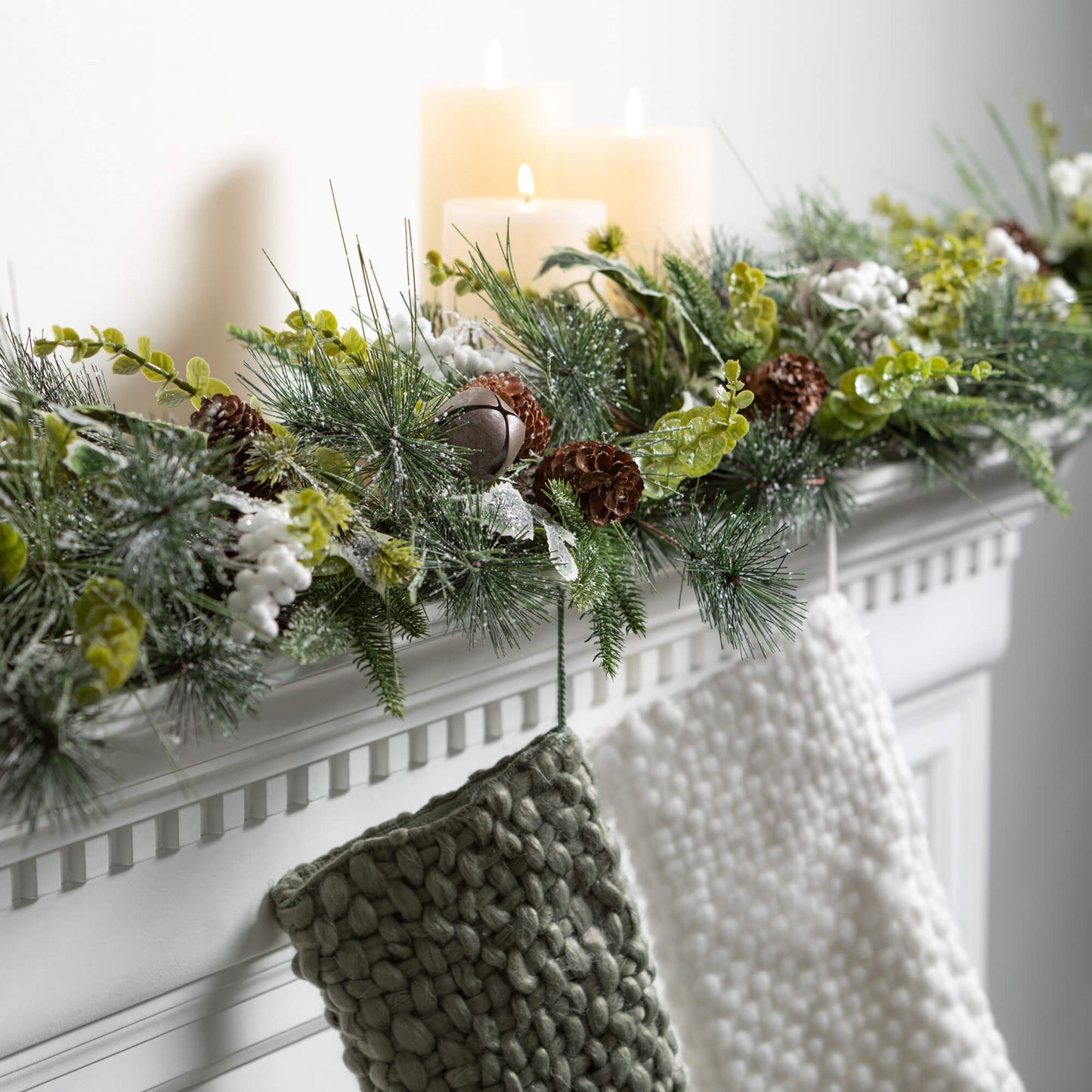Mixed Pine & Bell Garland with White Accents