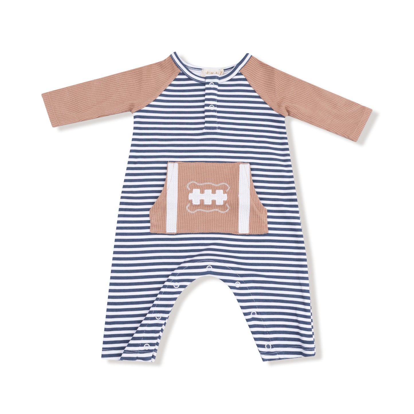 Stripes w/ Football Organic Cotton Jersey L/S Raglan Henley Romper