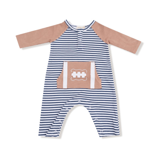 Stripes w/ Football Organic Cotton Jersey L/S Raglan Henley Romper