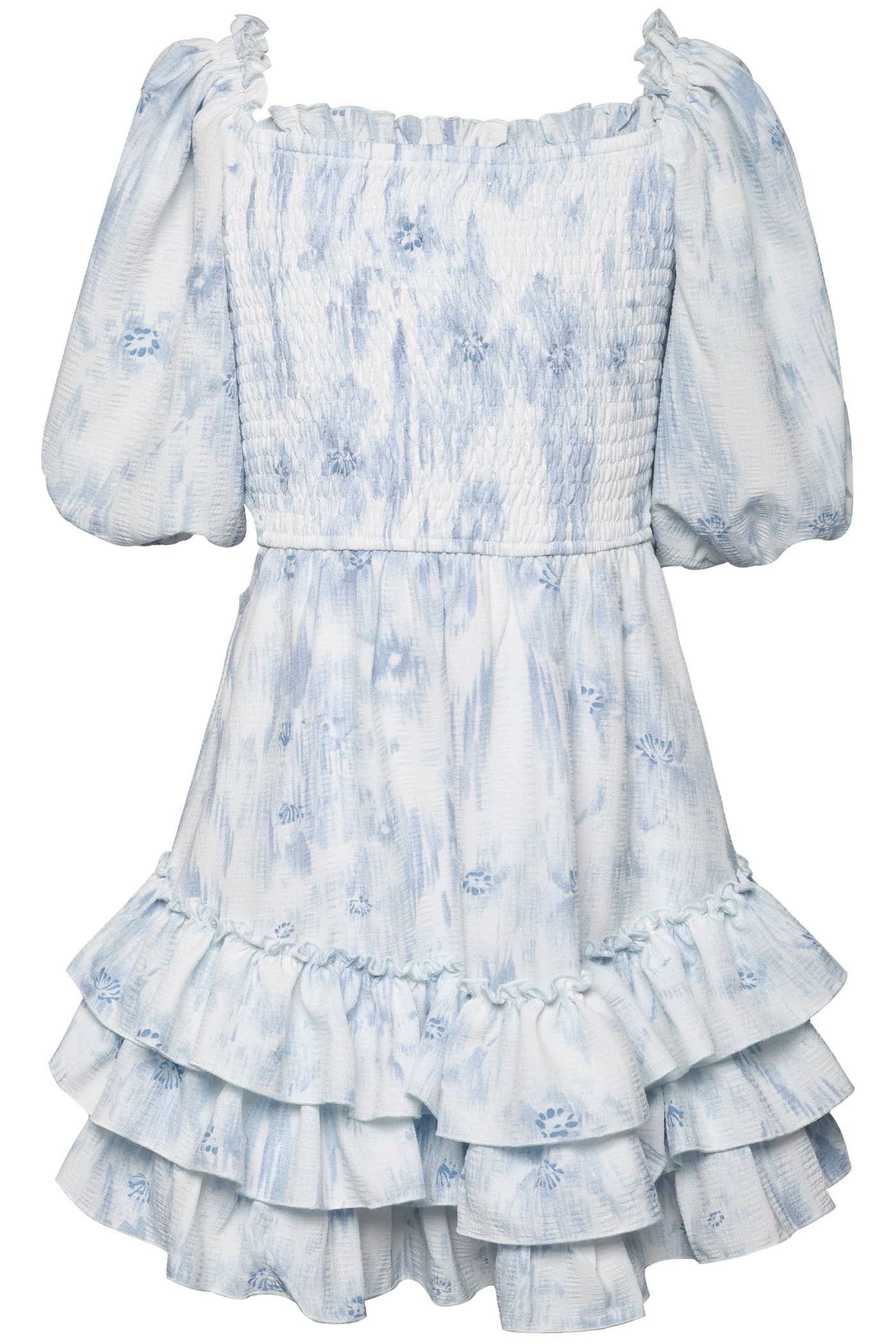 SMOCKED DRESS WITH SIDE WAIST OPENING AND TIERED RUFFLES