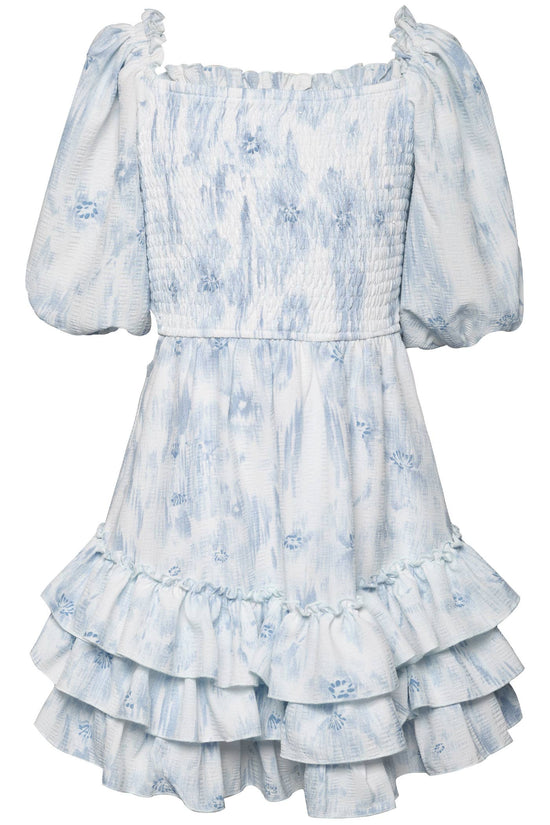 SMOCKED DRESS WITH SIDE WAIST OPENING AND TIERED RUFFLES