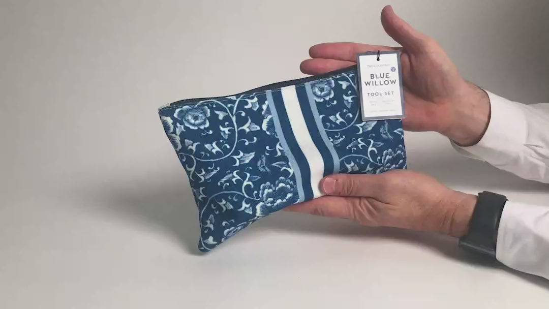 Load and play video in Gallery viewer, Chinoiserie Floral Pattern Tool Set in Storage Pouch Includes: Scissor, 10 ft Tape Measure, Four-In-One Screwdriver, Hammer with Screwdriver - Iron/Polyester

