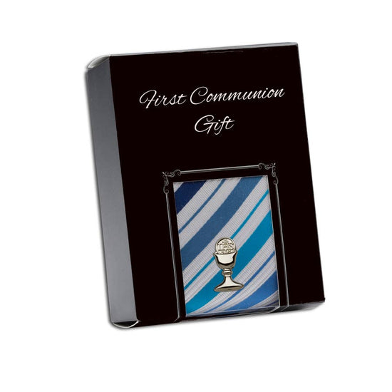 Yellow Plaid / Silver-tone Boy's First Communion Tie and Chalice Pin Set